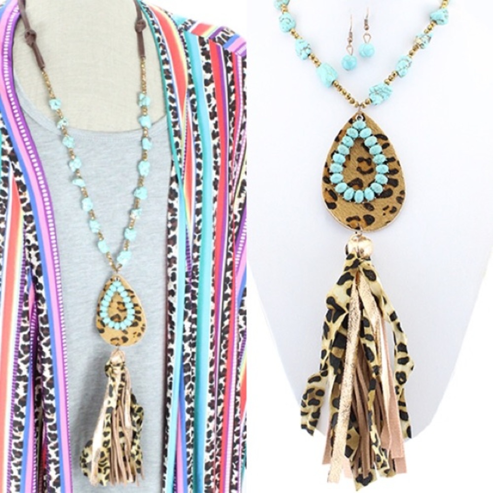 Fabric Tassel Necklace Turquoise and Leopard